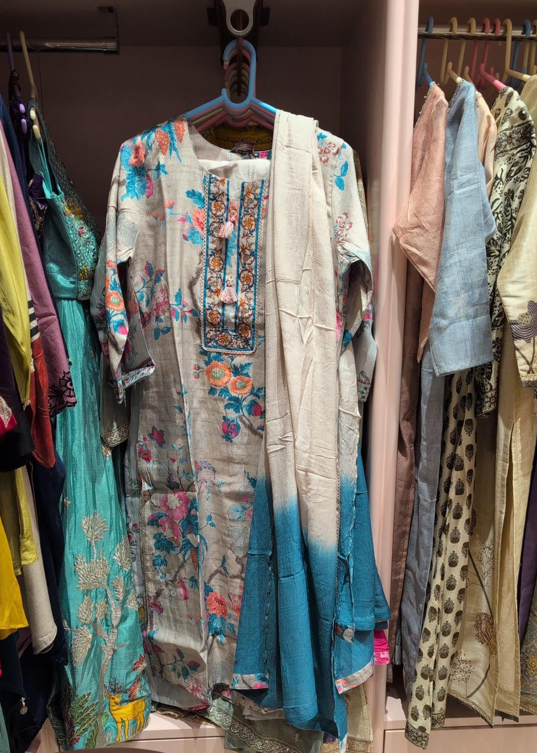 Light Blue Satin Finish Floral Printed Kurti with Pant &amp; Dupatta | Casual Festive Ethnic Wear, Colour: Sky Blue, Fabric: Silk Blend, Size: M