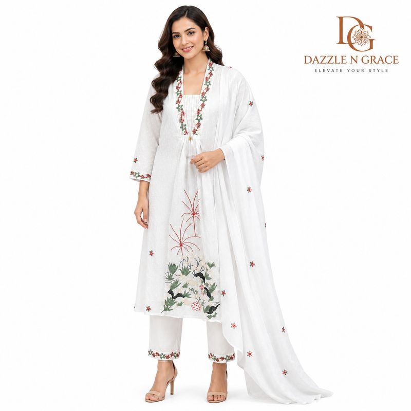 Ivory Chikankari Embroidered Salwar Suit Set with Dupatta | Elegant Festive Ethnic Wear