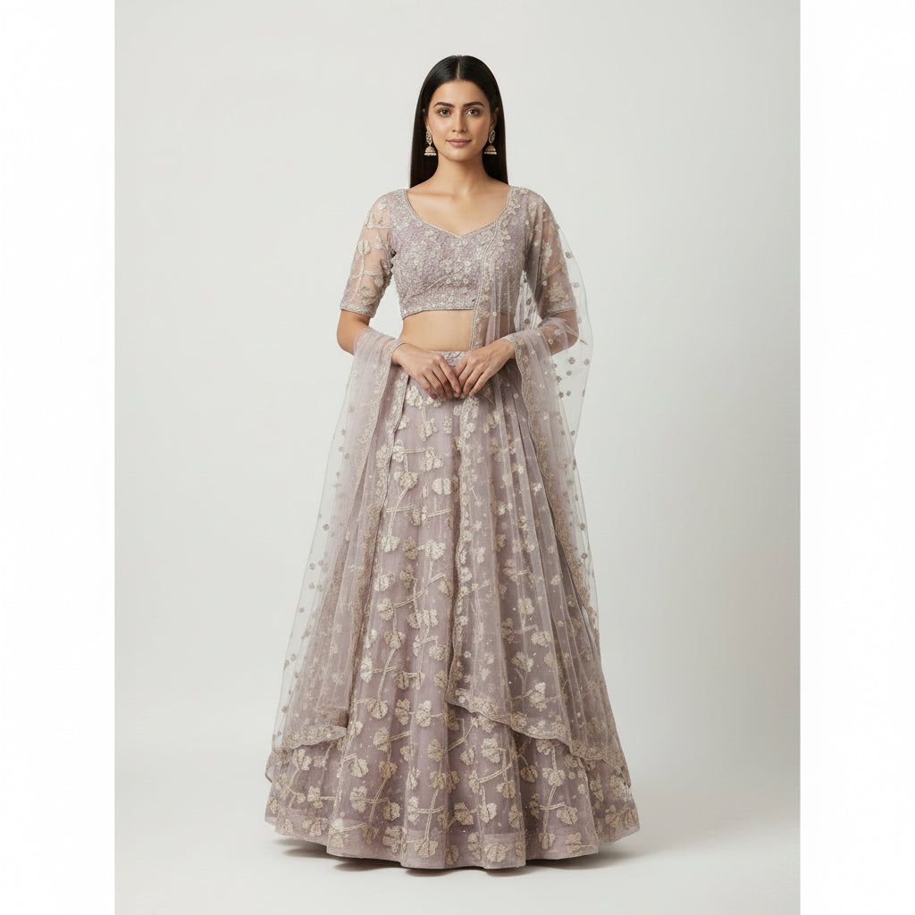 Lavender Lilac Sequin Embroidered Lehenga Set | 3D Floral Cutdana | Reception Wear