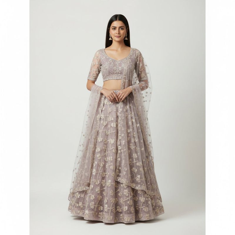 Lavender Lilac Sequin Embroidered Lehenga Set | 3D Floral Cutdana | Reception Wear