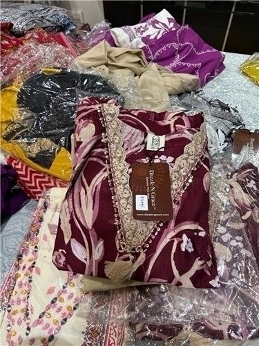 Kasa Wine Floral Print &amp; Embroidered Salwar Suit with Pant Set, Colour: Beige / Wine, Fabric: Cotton Blend, Size: XL