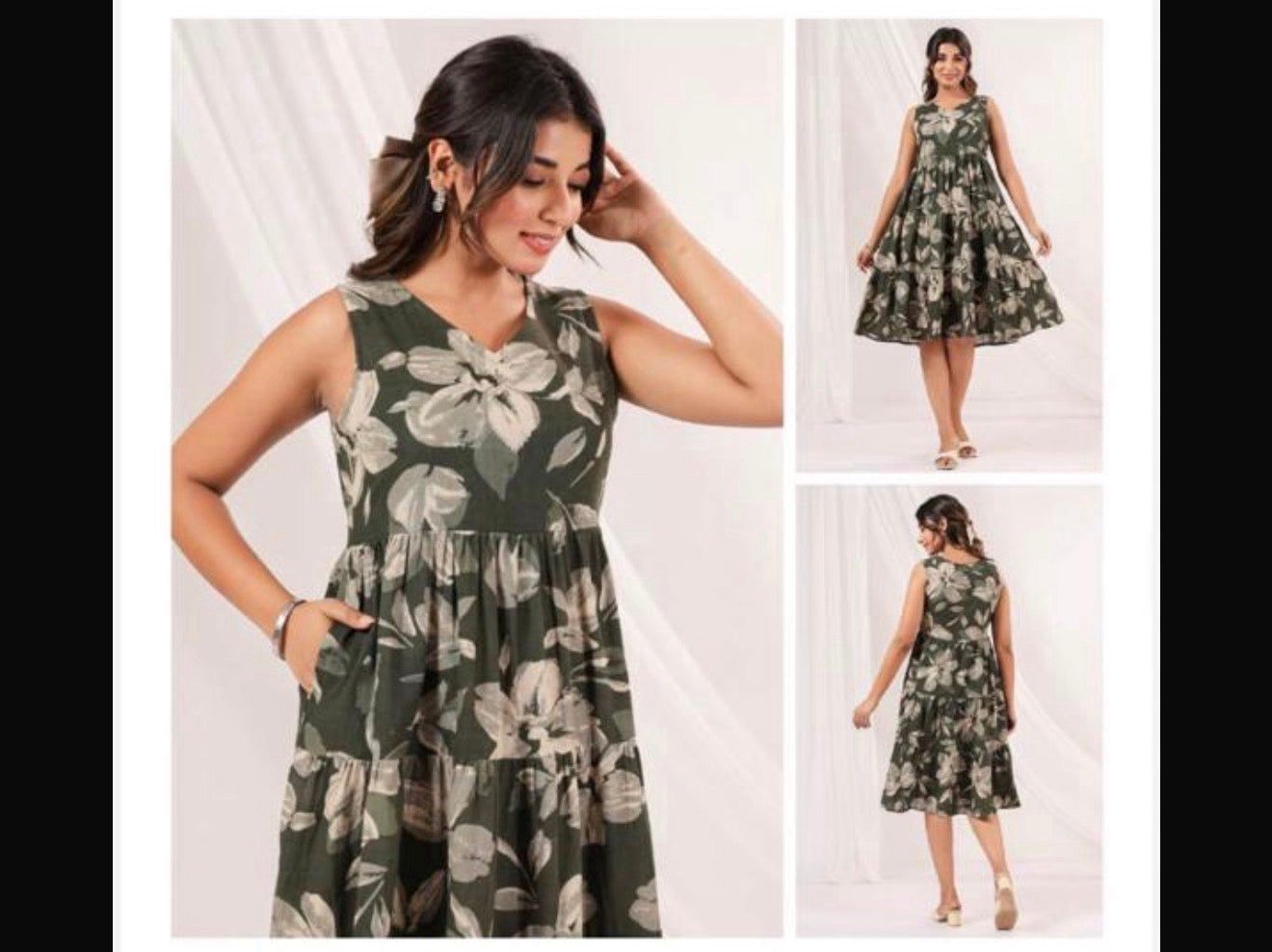 Jenesiya Olive Green Floral Sleeveless Tiered Midi Dress — Cotton with Pockets