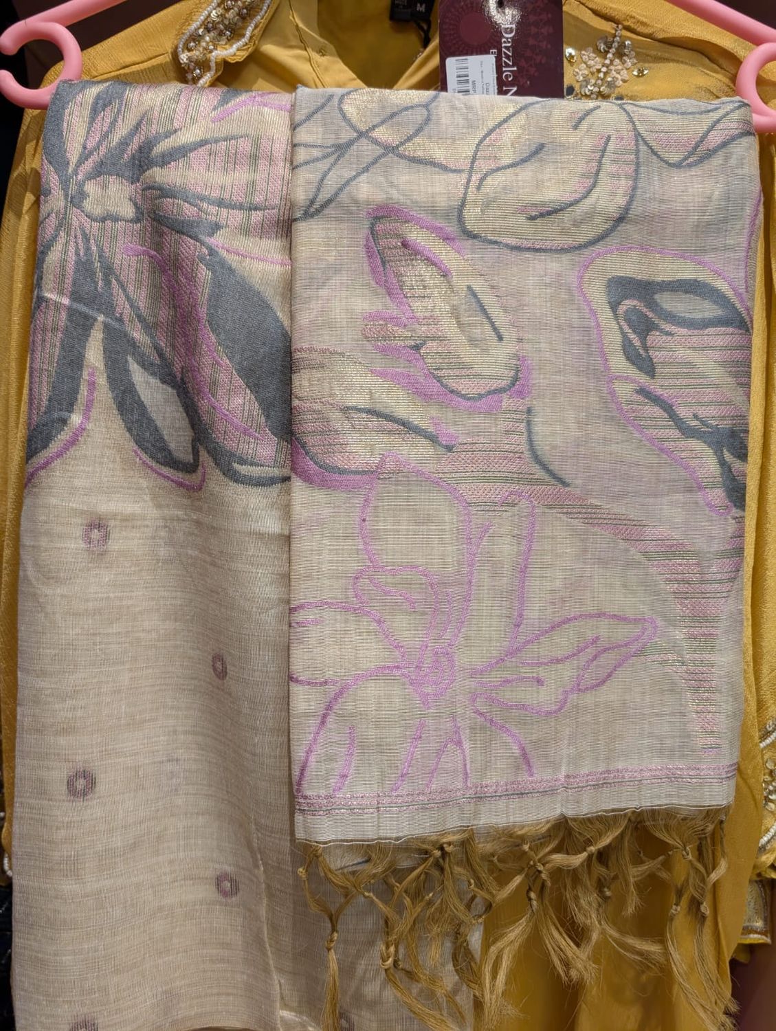 Linen Blend Printed Dress Material | Beige Pastel Floral Zari Tassel Dupatta | 3-Piece Unstitched Suit