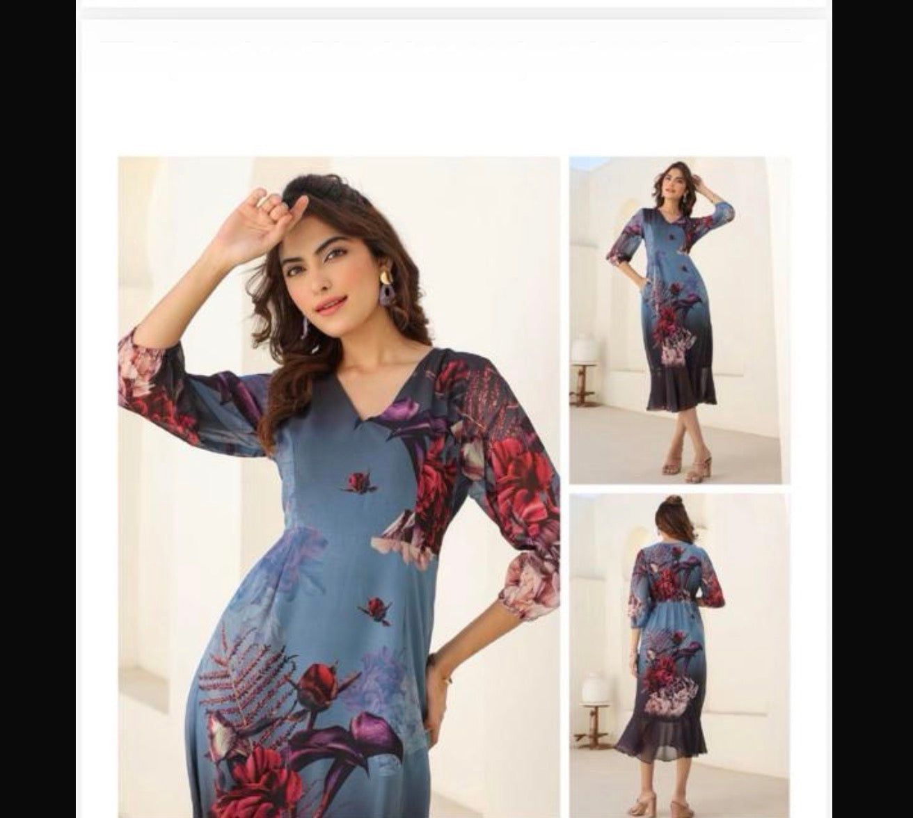 Jenesiya Navy Blue Floral Midi Dress — Georgette with Bold Multicolour Print &amp; 3/4 Sleeves