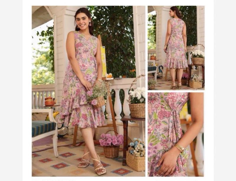 Jenesiya Pink Floral Sleeveless Asymmetric Hem Dress — Rayon with V-Neck &amp; Waist Tie