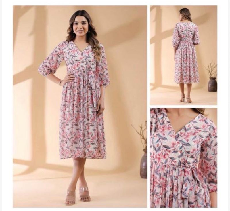 Jenesiya Pastel Pink Floral Midi Dress — Georgette with V-Neck &amp; Tie-Up Waist