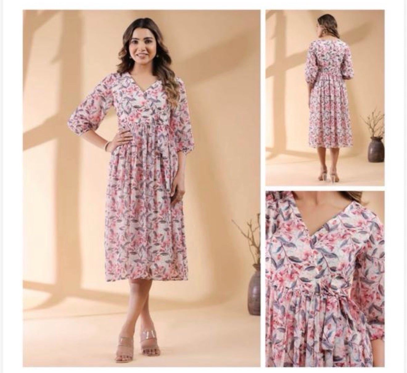 Jenesiya Pastel Pink Floral Midi Dress — Georgette with V-Neck &amp; Tie-Up Waist, Colour: Pastel Pink, Fabric: Georgette, Size: XXL