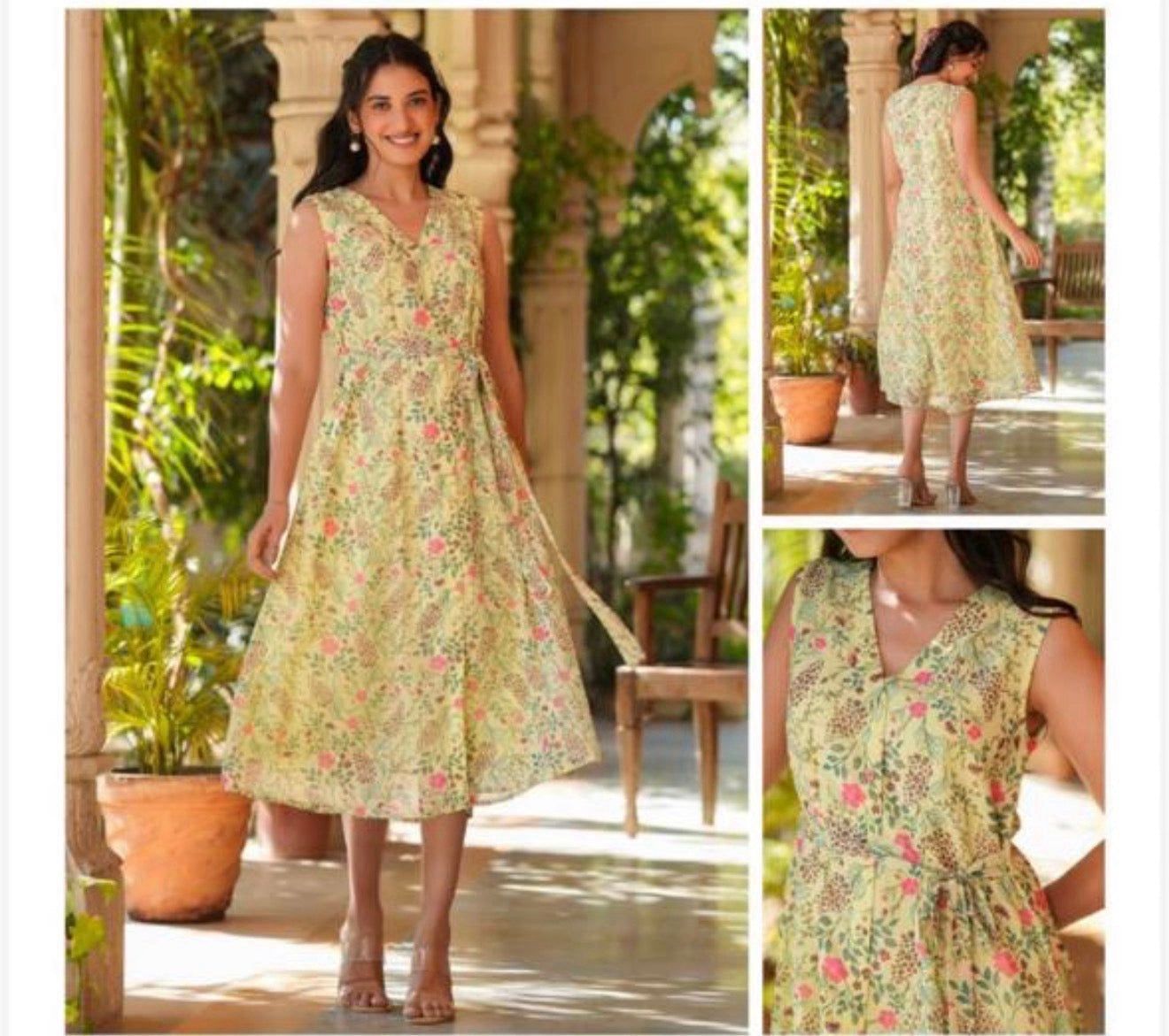 Jenesiya Pastel Yellow Floral Sleeveless Georgette Dress — Belted V-Neck Midi