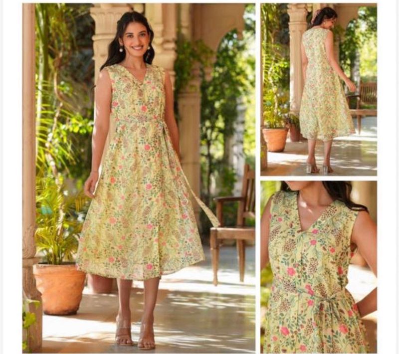 Jenesiya Pastel Yellow Floral Sleeveless Georgette Dress — Belted V-Neck Midi