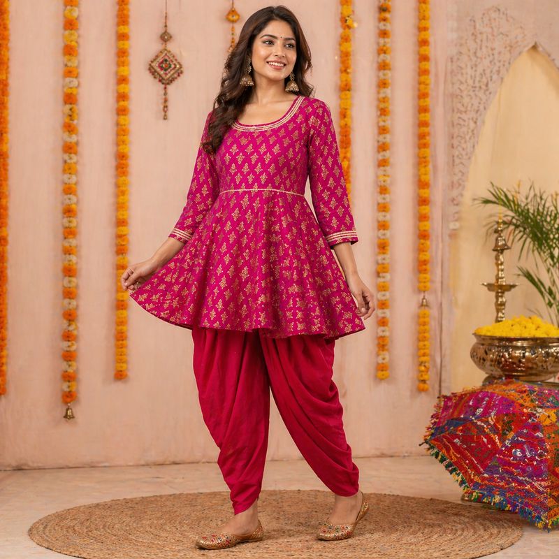 Magenta &amp; Gold Block Print Garba Tunic with Dhoti — Festive Navratri Set