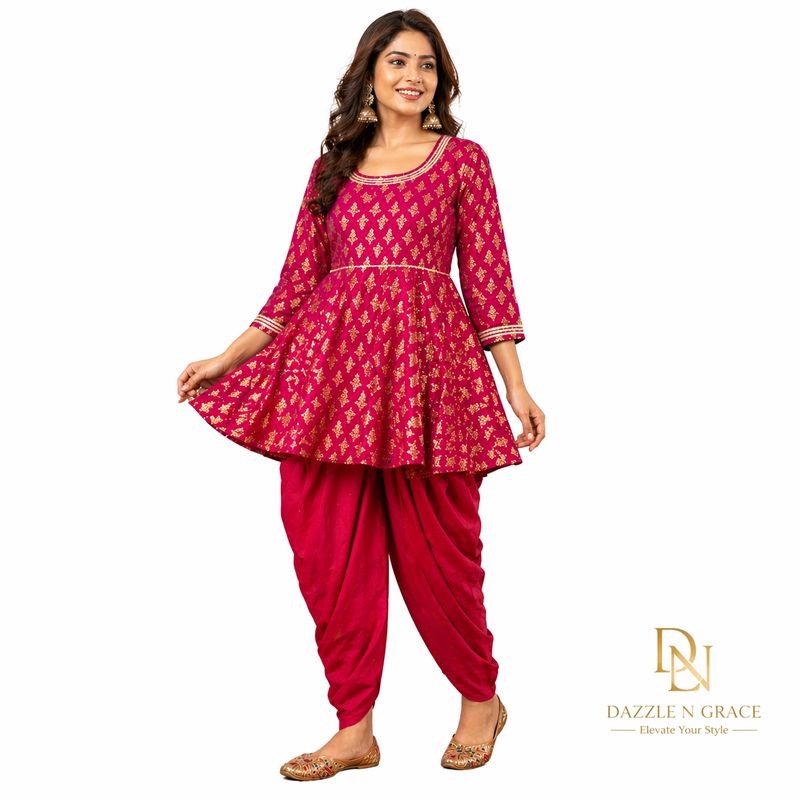 Magenta &amp; Gold Block Print Garba Tunic with Dhoti — Festive Navratri Set