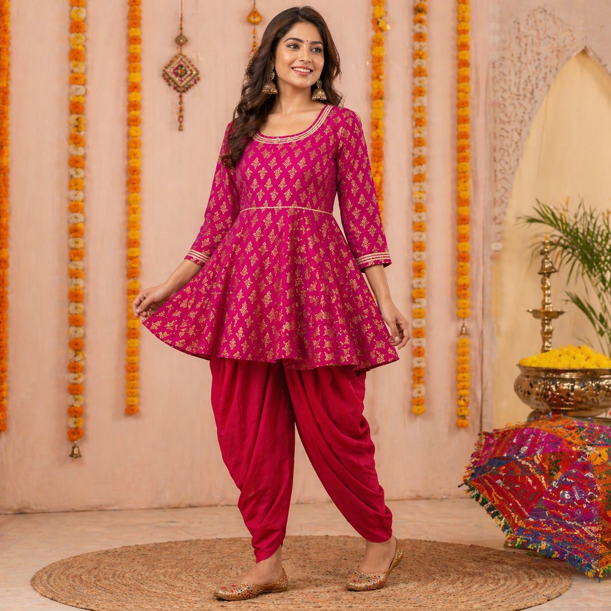 Magenta &amp; Gold Block Print Garba Tunic with Dhoti — Festive Navratri Set, Colour: Magenta, Fabric: Other, Size: 3XL