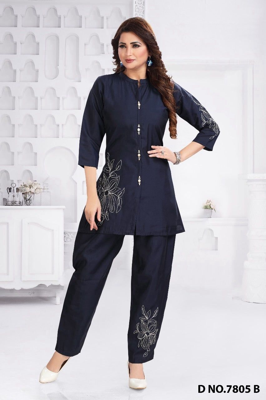 Mayuri II Straight Kurta with Pant Set | Floral Embroidery Mandarin Collar 3/4 Sleeve Cotton Blend | Office Casual Festive