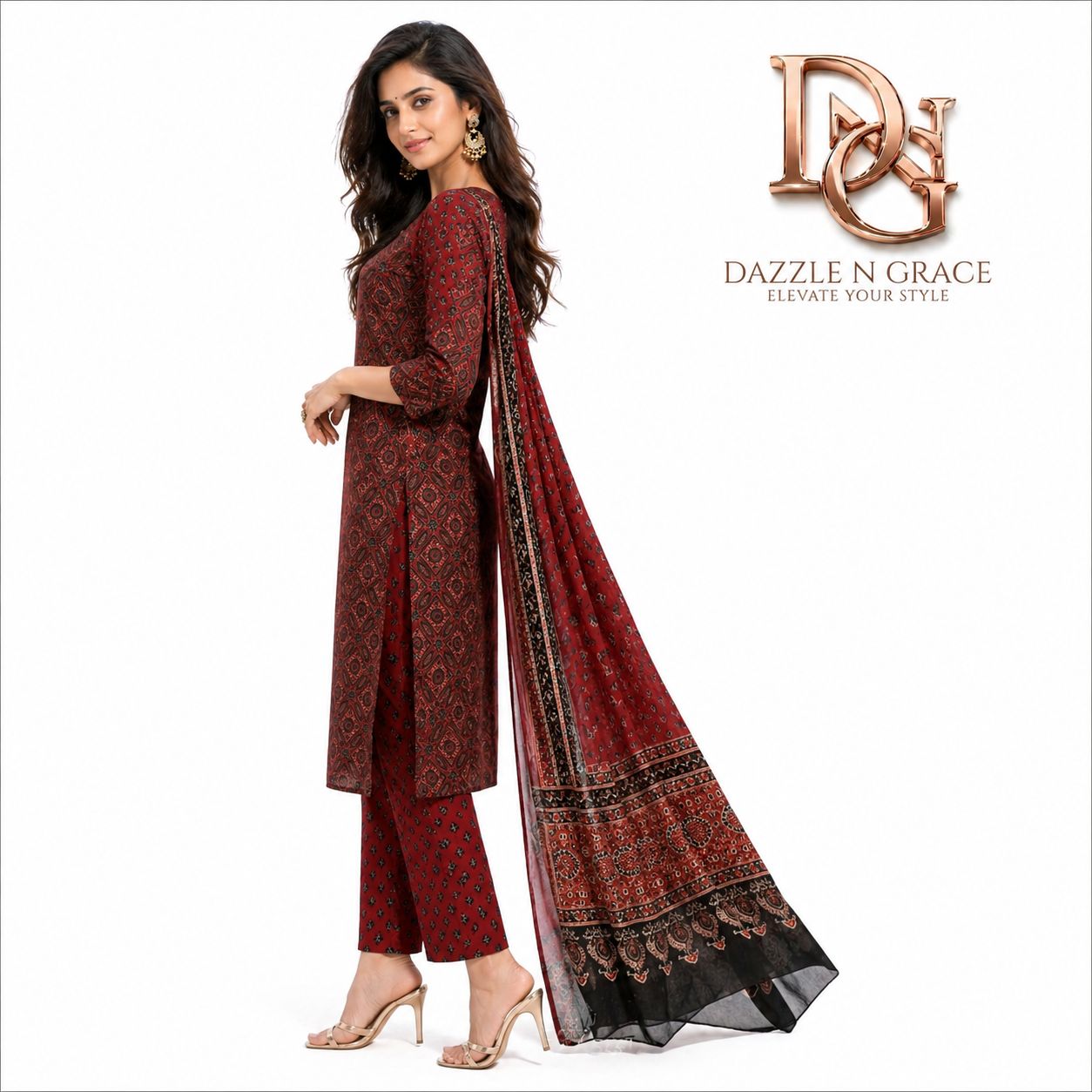 Maroon Heritage Block Print Salwar Suit Set with Dupatta | Festive Ethnic Wear for Women, Colour: Maroon, Fabric: Cotton, Size: M