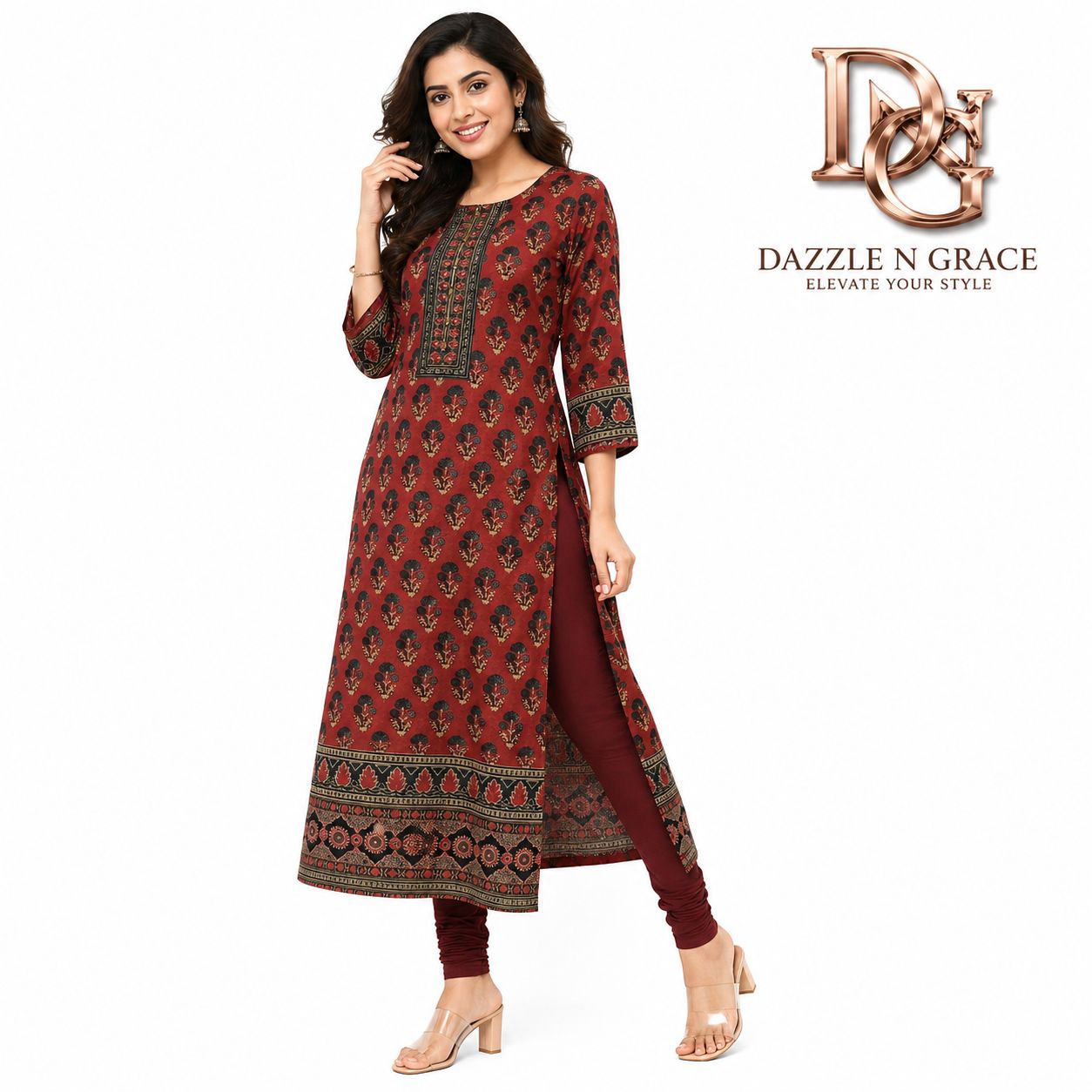 Maroon Mughal Booti Print Straight Long Kurti, Colour: Maroon, Fabric: Rayon, Size: M