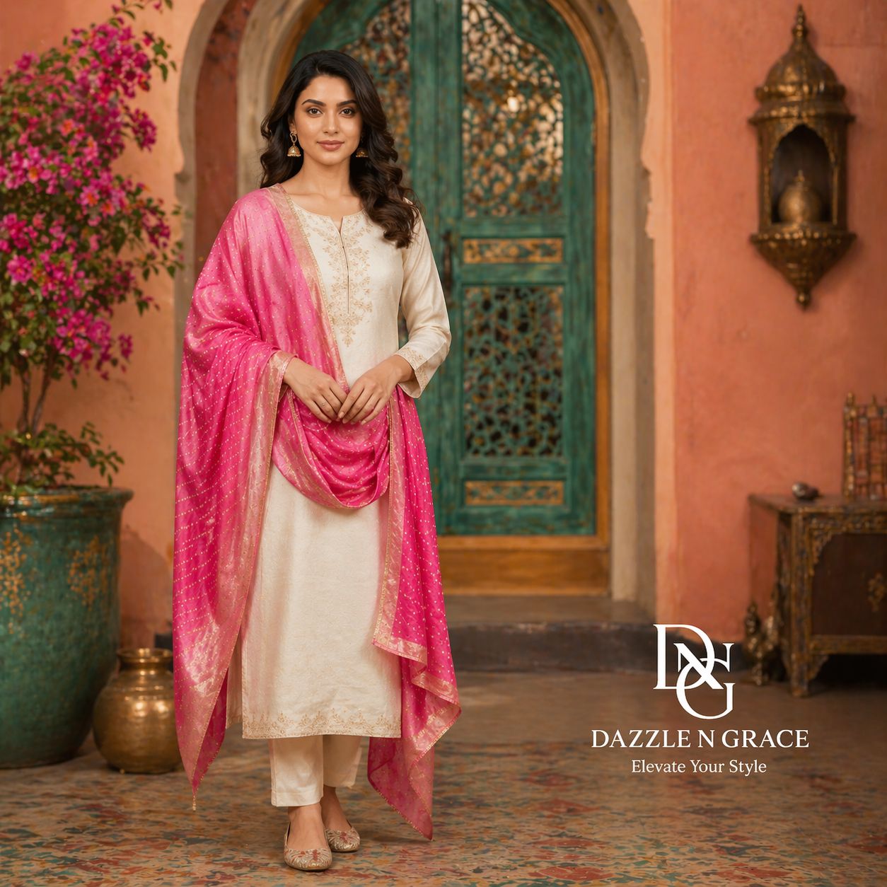 Ivory Embroidered Straight-Cut Kurta Set with Pink Bandhani Dupatta | Festive Ethnic Wear