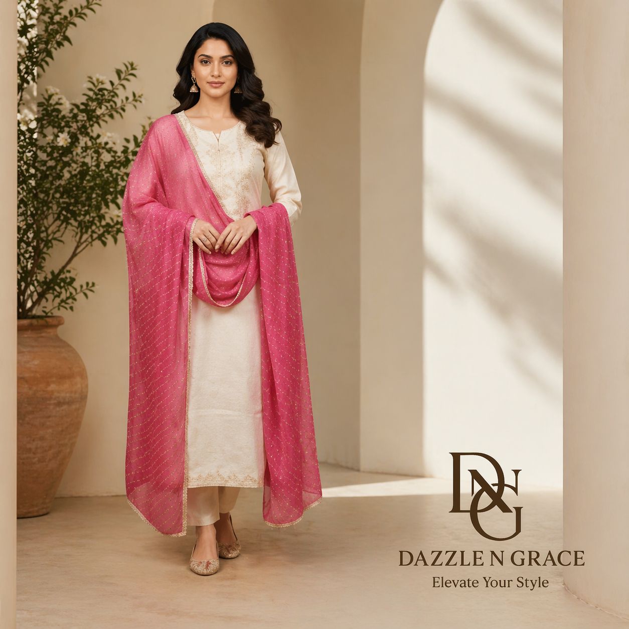 Ivory Embroidered Straight-Cut Kurta Set with Pink Bandhani Dupatta | Festive Ethnic Wear, Colour: Golden With Pink, Fabric: Other, Size: L