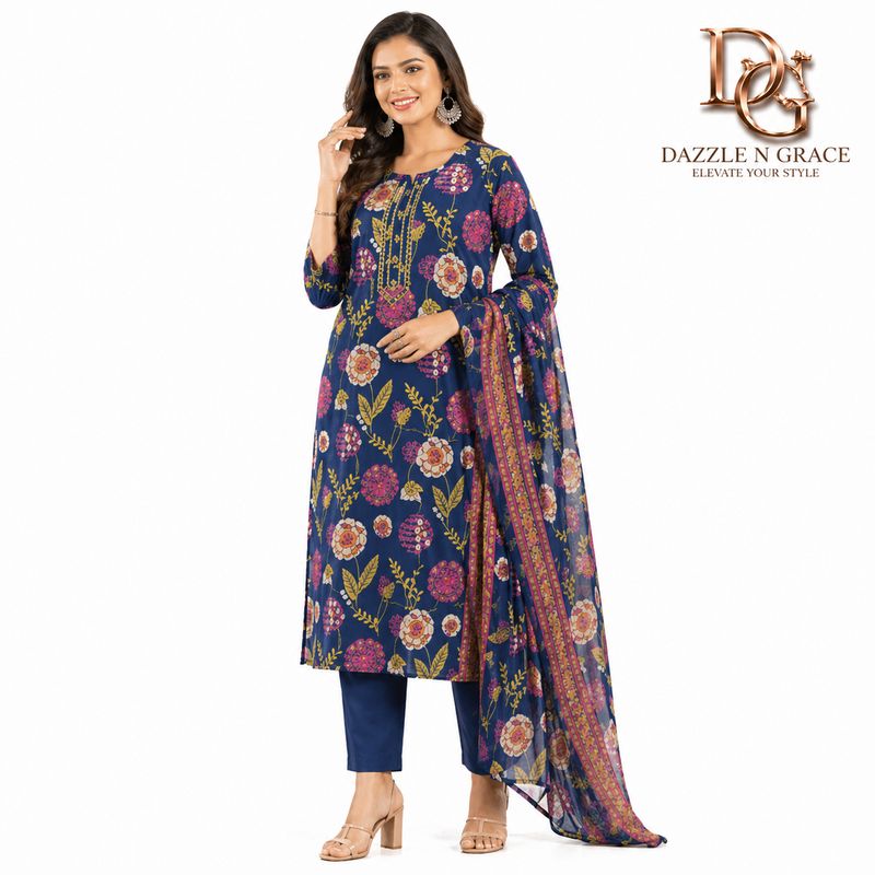 Midnight Blue Bold Floral Statement Salwar Suit with Dupatta | Festive Ethnic Wear for Women