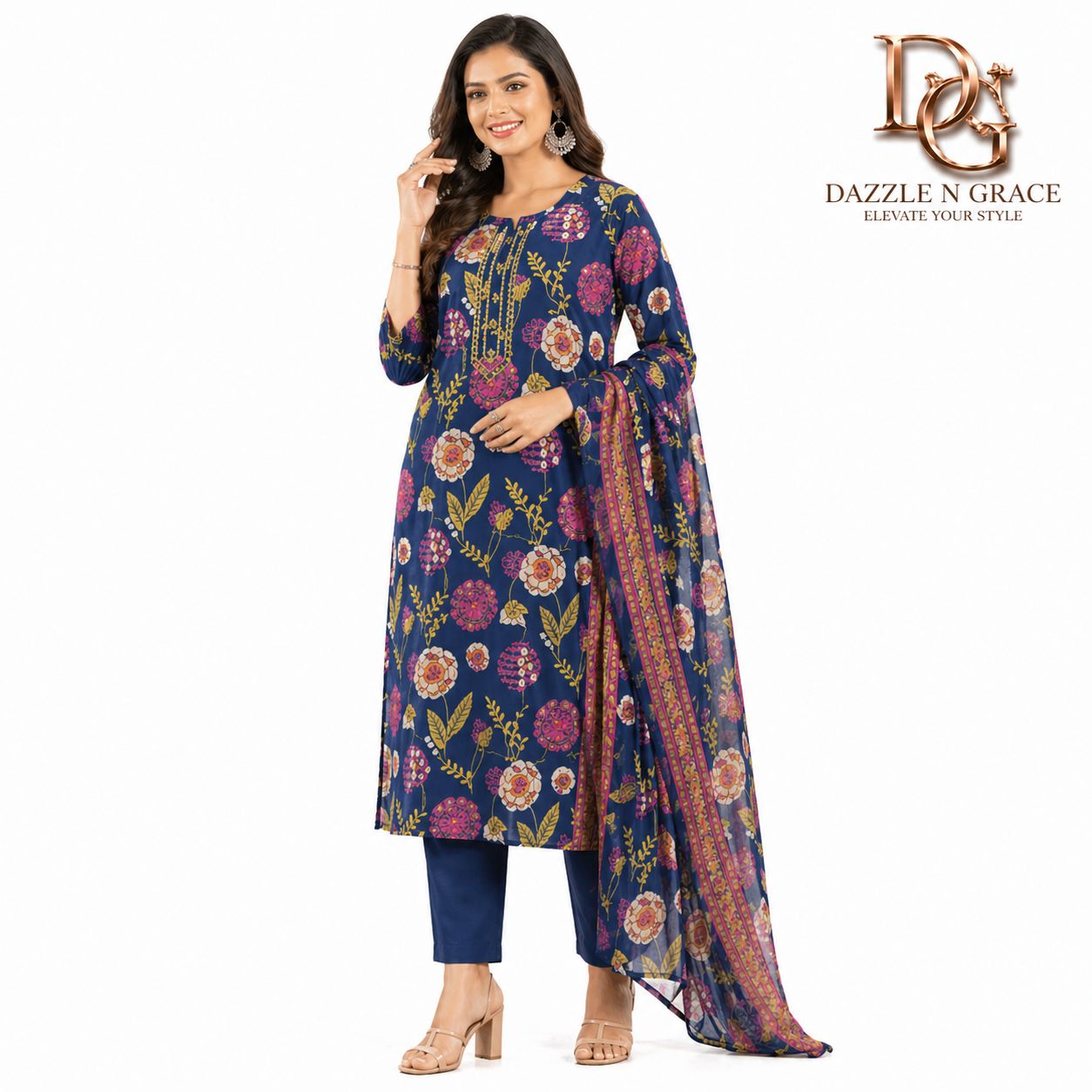 Midnight Blue Bold Floral Statement Salwar Suit with Dupatta | Festive Ethnic Wear for Women, Colour: Blue, Fabric: Other, Size: M