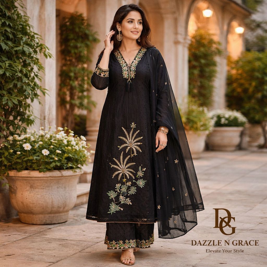 Midnight Black Embroidered Salwar Suit Set with Dupatta | Bold Festive Ethnic Wear for Women, Colour: Black, Fabric: Cotton, Size: M