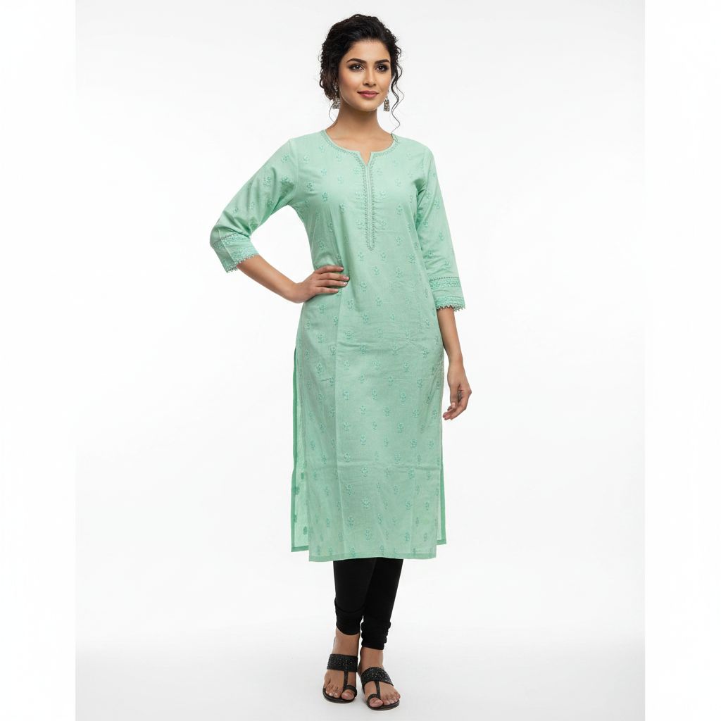 Mint Green Embroidered Long Kurti for Women
