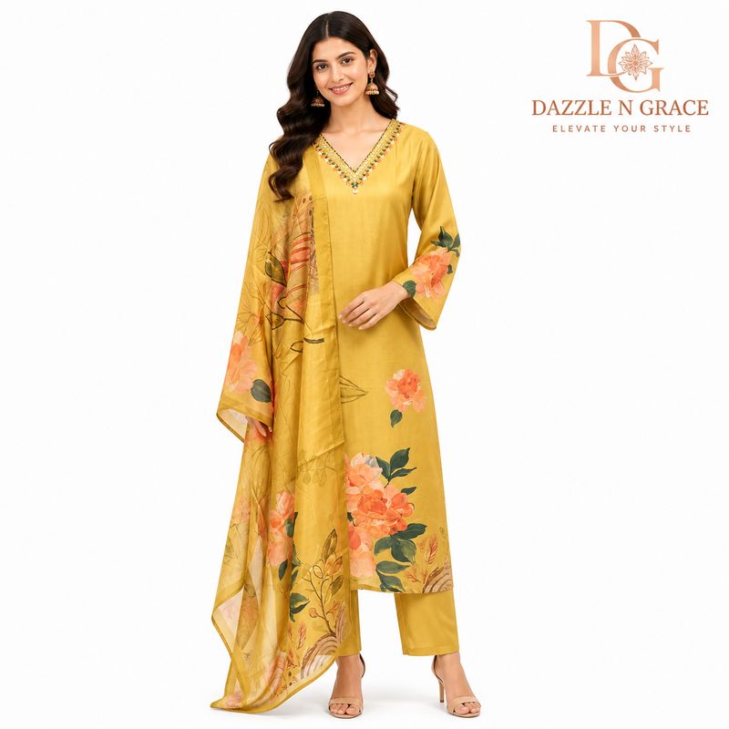 Mustard Yellow Floral Embroidered 3-Piece Suit Set with Mirror Neckline, Pant &amp; Dupatta | Festive Ethnic Wear