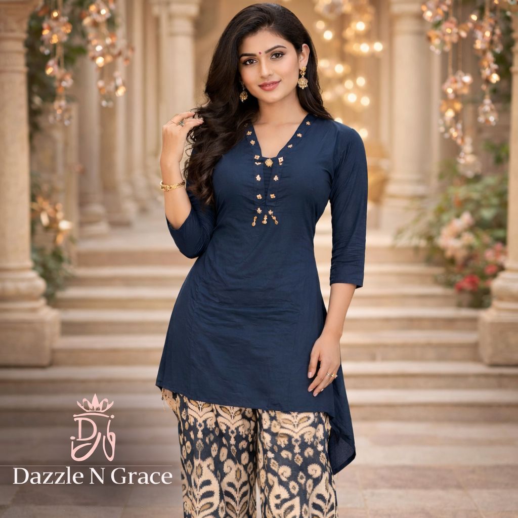 Navy Blue Embellished Kurta with Printed Palazzo | V-Neck Ethnic Fusion Coord Set, Colour: Navy Blue, Fabric: Polyester, Size: M