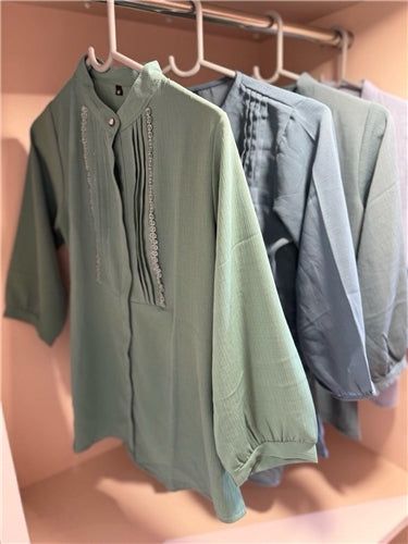 Mish Solid Mandarin Collar Kurta — Pintuck &amp; Embroidery Detail in Pastel Shades