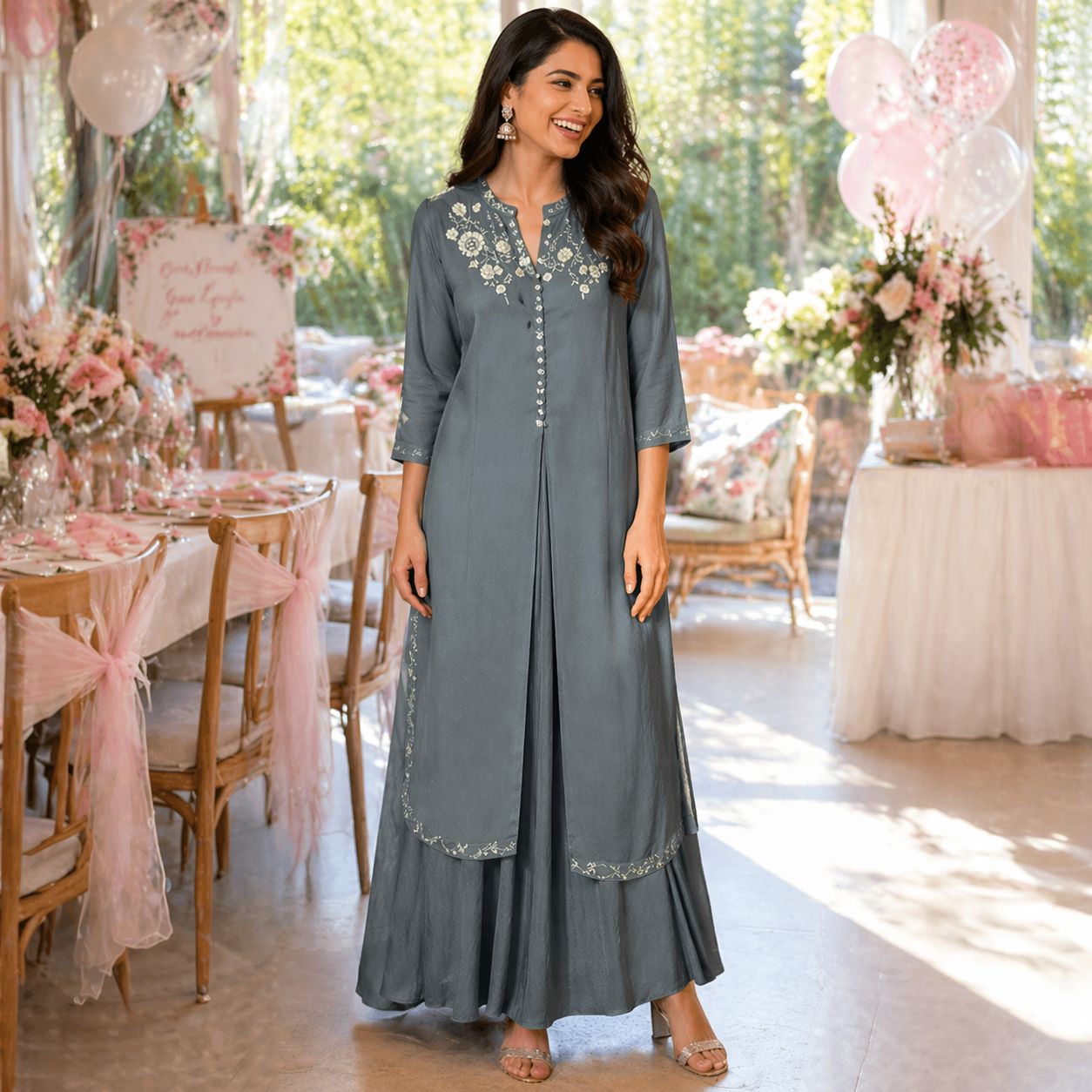 Misty Grey Embroidered Layered Gown Set | Scalloped Floral Ethnic Wear | Wedding Gown, Colour: Grey, Fabric: Other, Size: 4XL
