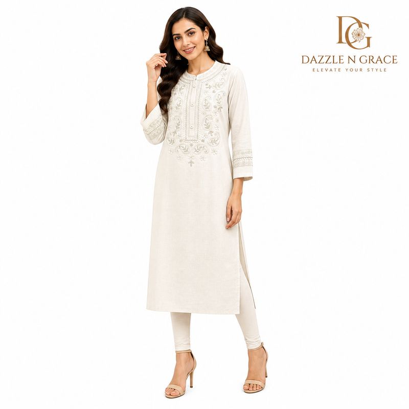 Off-White Heavy Embroidered Straight Long Kurti