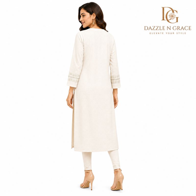 Off-White Heavy Embroidered Straight Long Kurti