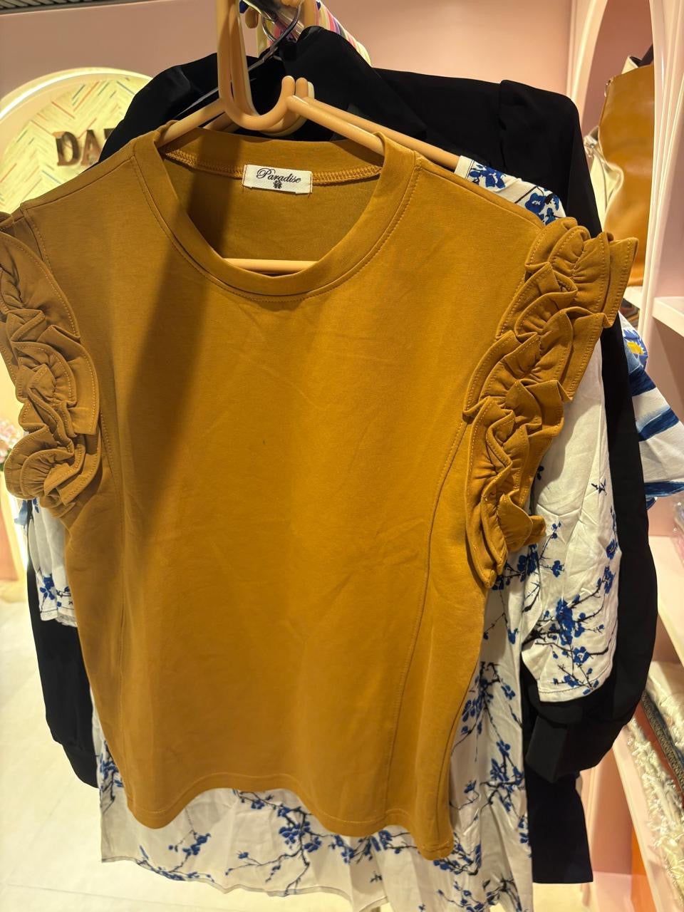 Mustard Ruffle Sleeve Casual Top — Cotton Blend Round Neck Everyday Essential
