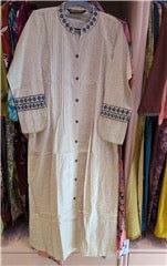 Off-White Cotton Linen Kurti with Blue Embroidered Collar &amp; Cuff Detailing, Colour: Off White, Fabric: Cotton, Size: L