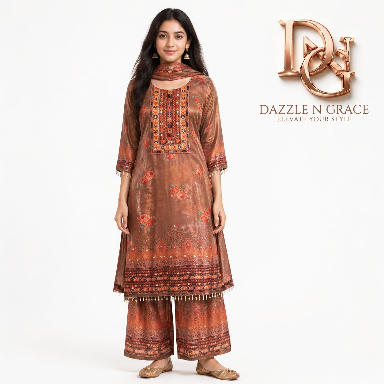 Mocha Brown Embroidered Yoke Kurta with Matching Dupatta | Casual Festive Ethnic Wear