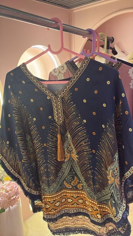 Multicolour Patchwork Boho Kaftan — Tassel Neckline Loungewear &amp; Resort Wear