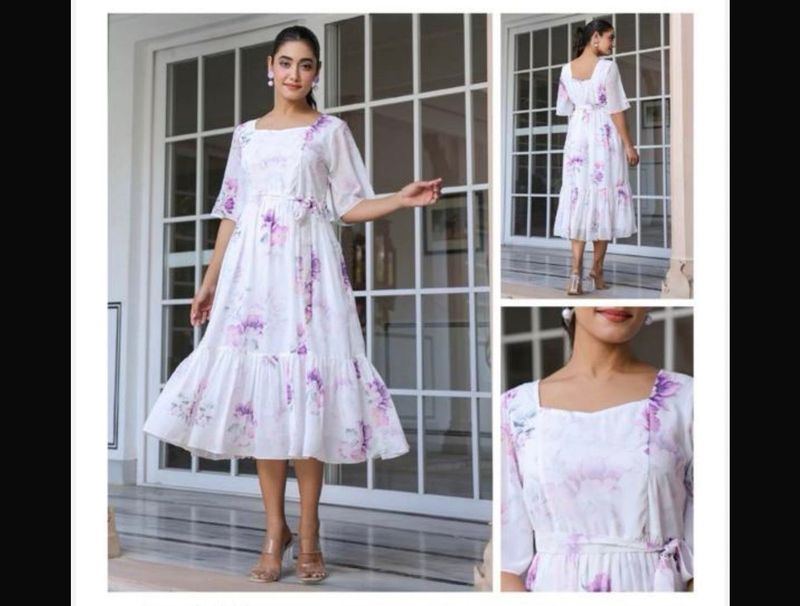 Jenesiya White &amp; Lavender Floral Midi Dress — Georgette with Square Neck &amp; Tie Belt