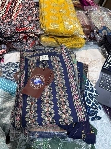 Kasa Navy Blue Floral Stripe Salwar Suit with Pant Set, Colour: Navy Blue / Blue, Fabric: Cotton Blend, Size: L