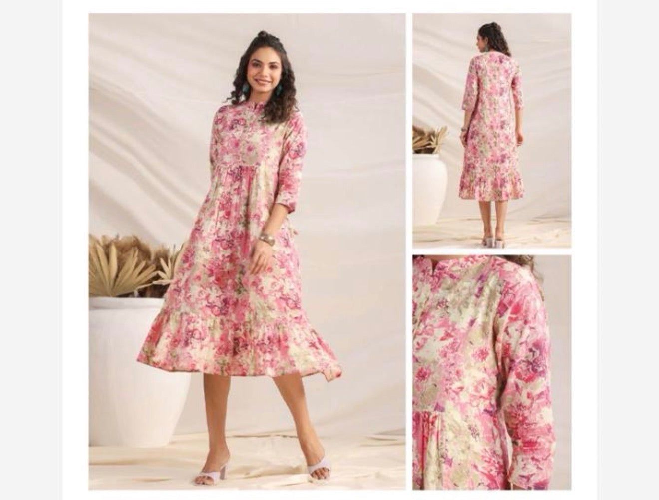 Jenesiya Pink &amp; Cream Floral A-Line Midi Dress — Cotton with Mandarin Collar &amp; Ruffle Hem