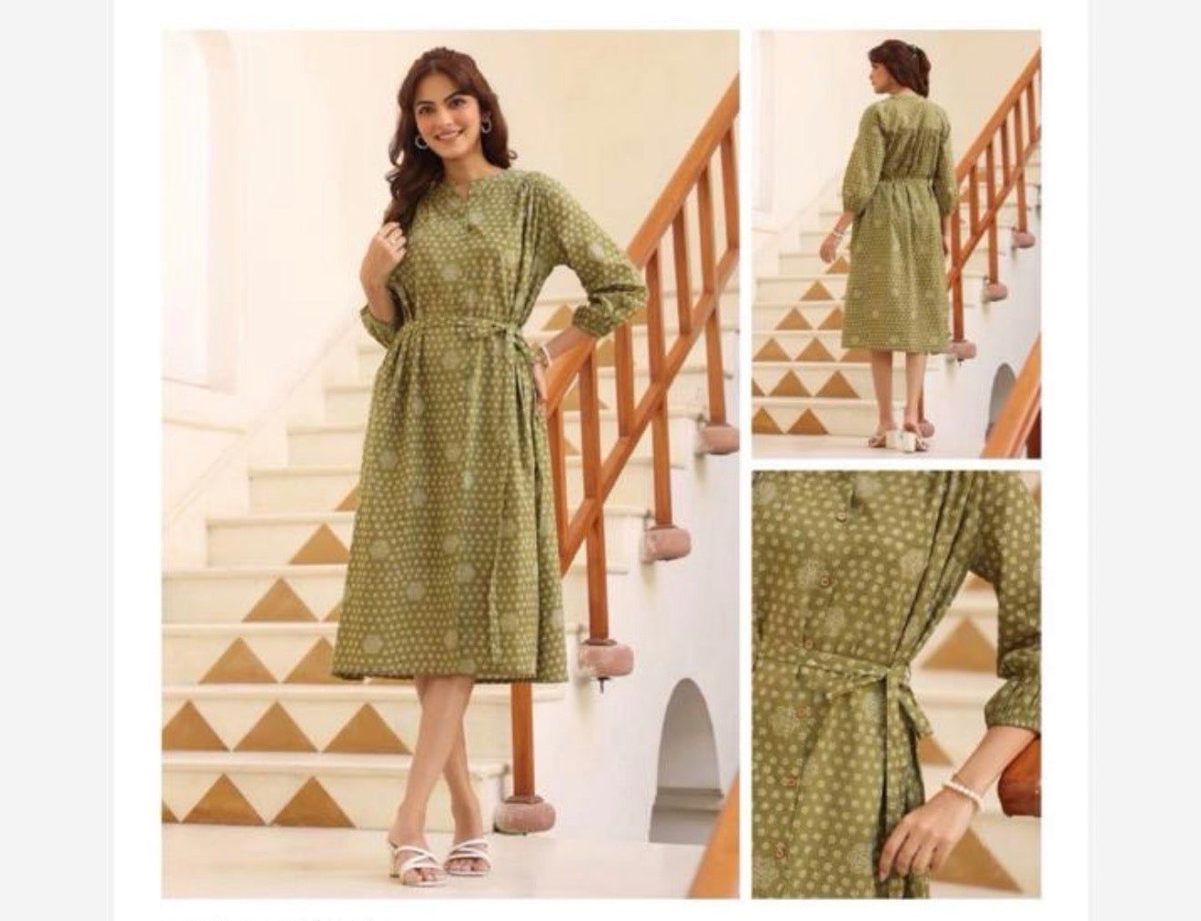Jenesiya Olive Green Printed Midi Dress — Cotton with Full Sleeves &amp; Waist Tie Belt