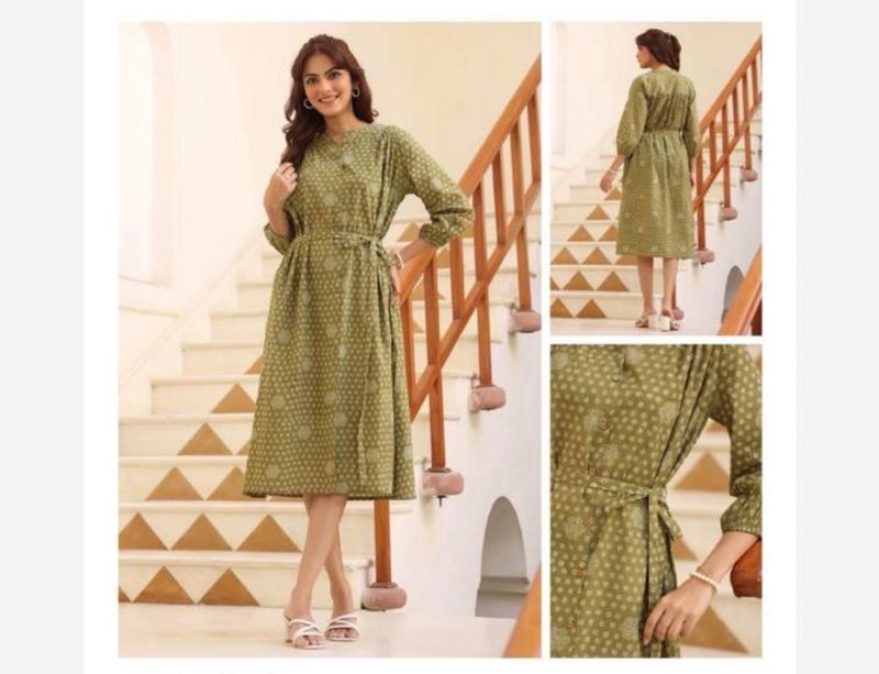 Jenesiya Olive Green Printed Midi Dress — Cotton with Full Sleeves &amp; Waist Tie Belt