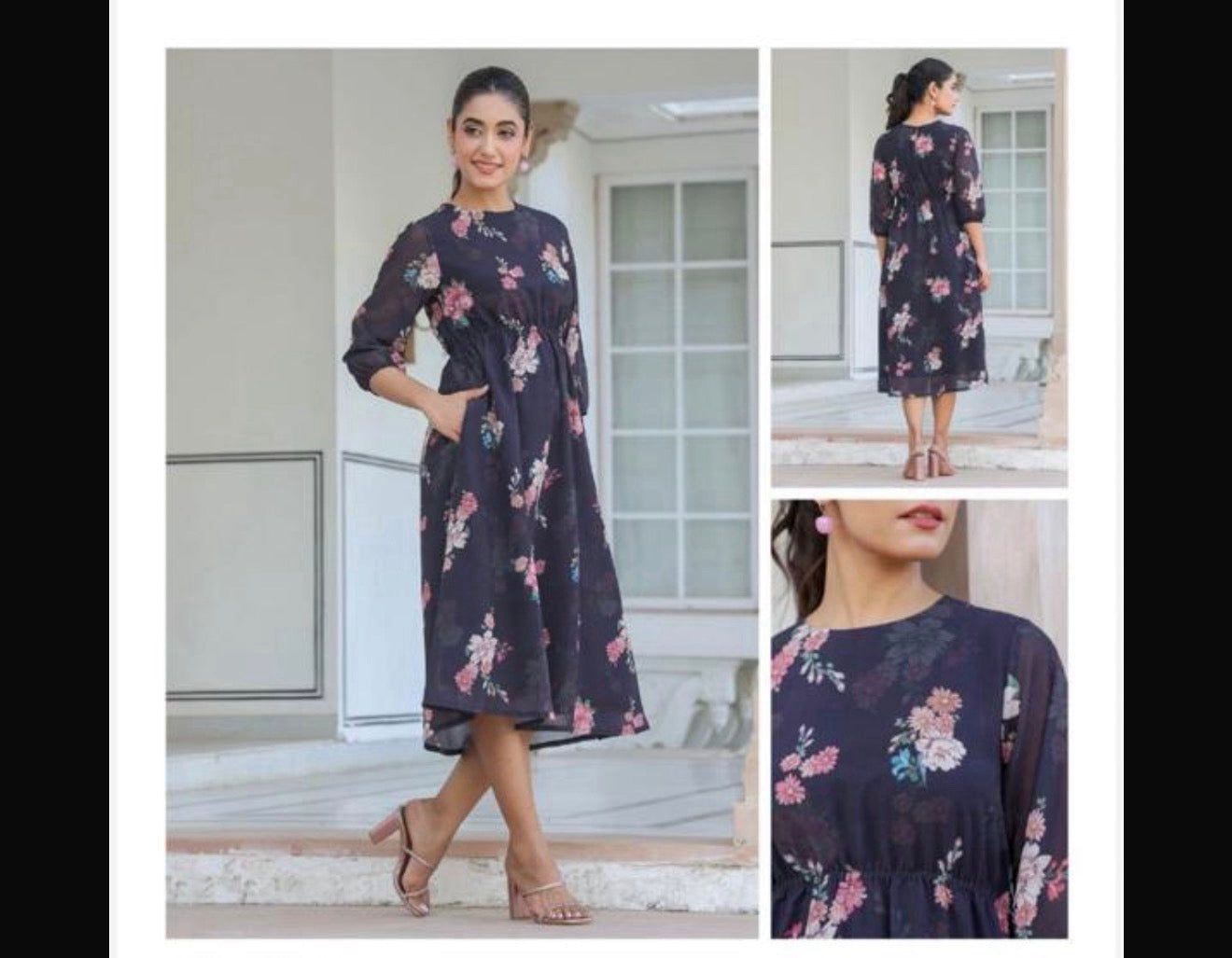 Jenesiya Navy Blue Floral Midi Dress — Georgette with Side Pockets &amp; 3/4 Sleeves