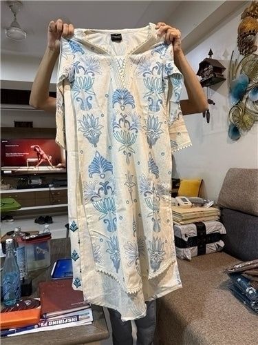 Mayuri II Ivory Cotton Blue Embroidered Kurta with Palazzo Set | Blue Floral Thread Lace V-Neck | Office Casual Semi-Formal, Colour: Ivory With Blue, Fabric: Cotton, Size: L