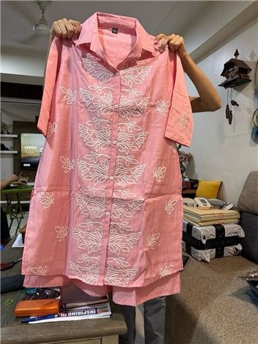 Mayuri II Blush Pink Cotton Embroidered Long Shirt with Palazzo Set | White Floral Thread Work Collared | Festive Casual, Colour: Blush Pink, Fabric: Cotton, Size: L