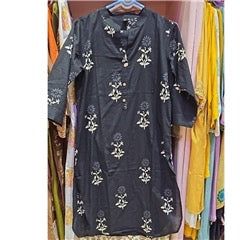 Midnight Black Printed Coord Set | Cream Grey Floral Block Print Mandarin Collar Wooden Buttons | Office Casual Festive, Colour: Black / Cream, Fabric: Other, Size: M