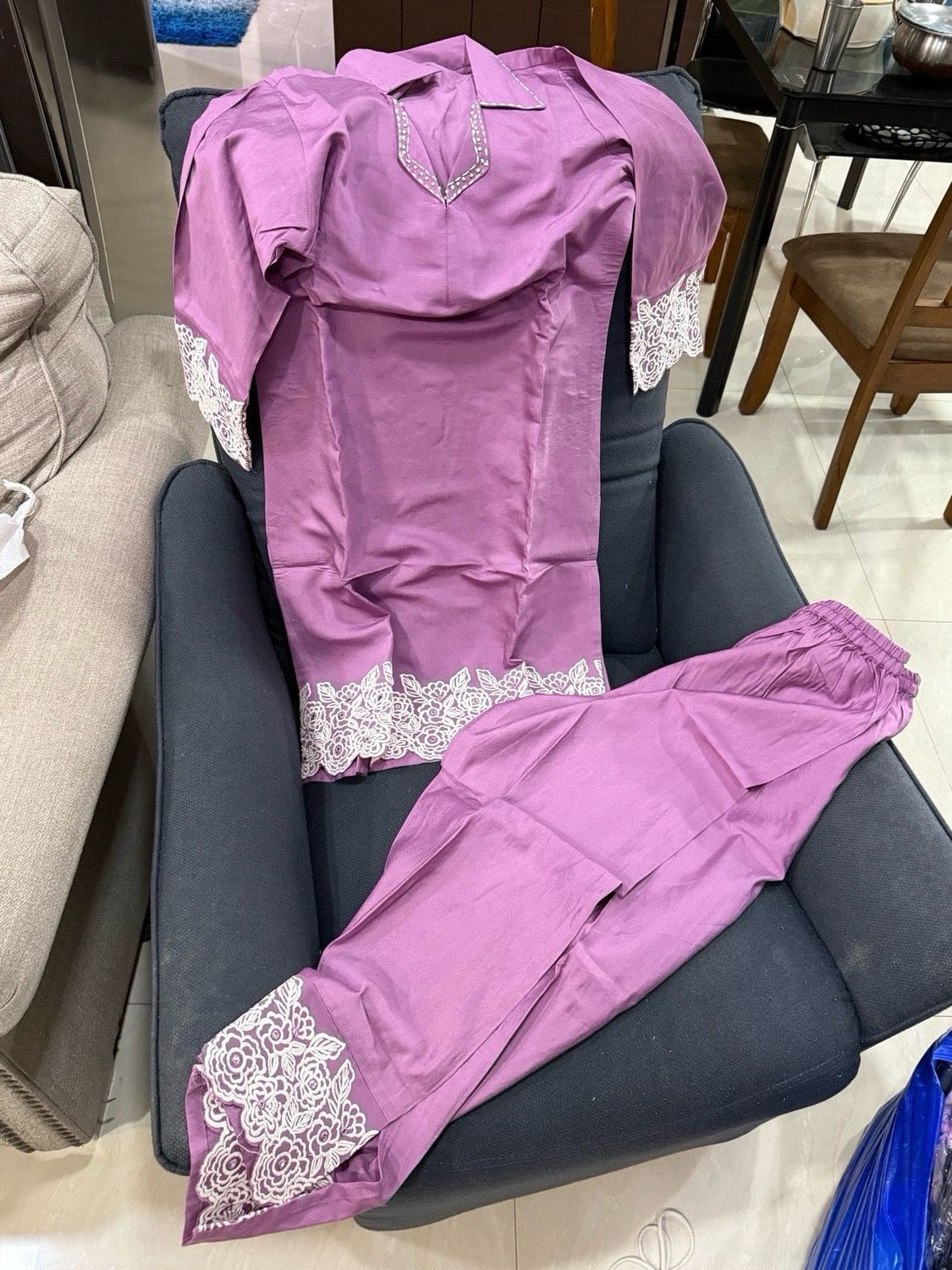 Mayuri II Lavender Coord Set with Lace Embroidery | White Floral Lace Collar Half Sleeve Cotton Blend | Casual Festive, Colour: Lavender, Fabric: Cotton, Size: M