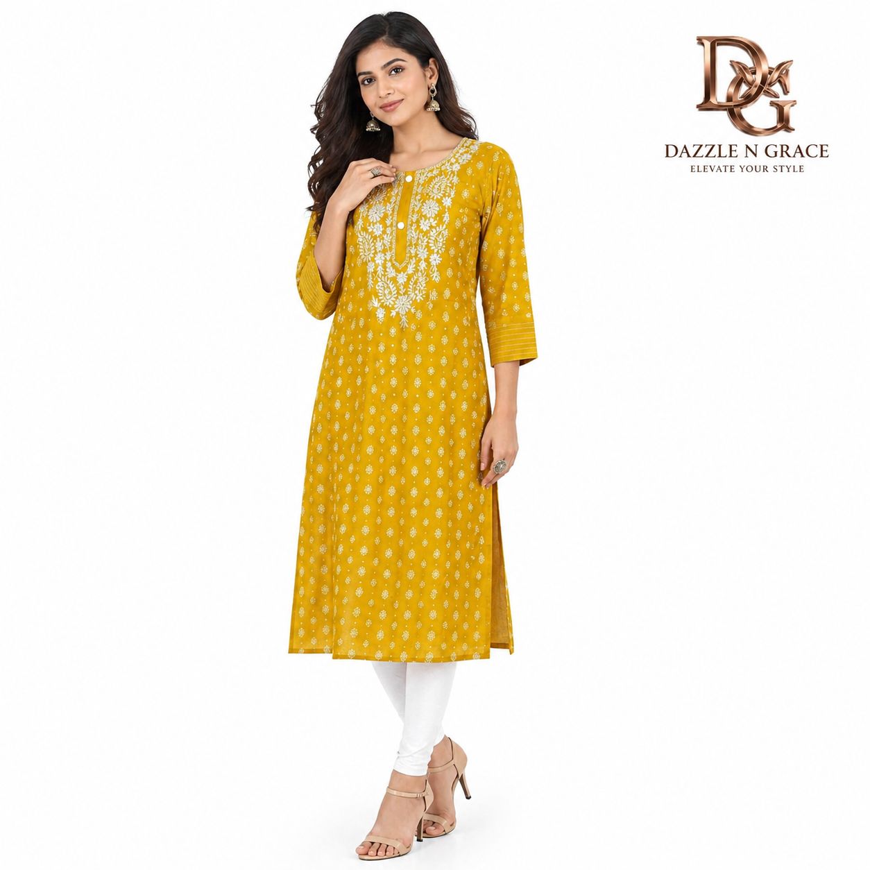 Mustard Yellow Chikankari Cotton Kurti, Colour: Yellow, Fabric: Cotton, Size: M