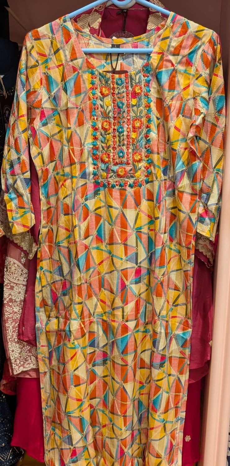 Multicolor Geometric Printed Cotton Kurta with Floral Embroidered Yoke &amp; Mirror Work | Festive Ethnic Wear, Colour: Multicolour, Fabric: Cotton, Size: L