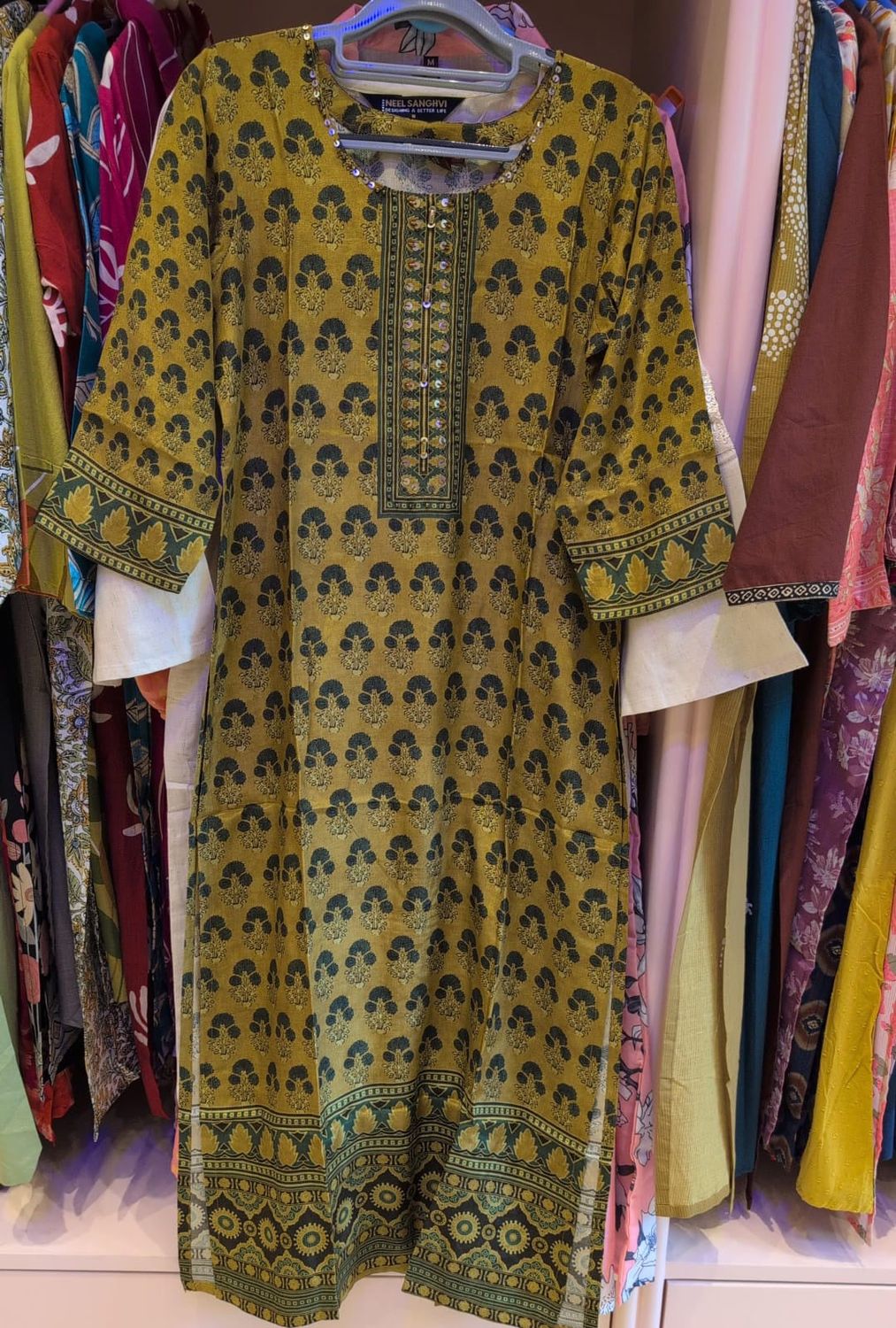 Mustard Yellow Floral Block Print Kurti, Colour: Mustard, Fabric: Rayon, Size: M