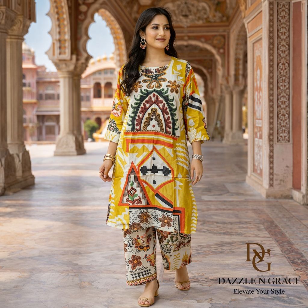 Mustard Yellow Abstract Print Kurti Coord Set | Geometric Floral Bold Motif Round Neck 3/4 Sleeve | Casual Festive Vacation