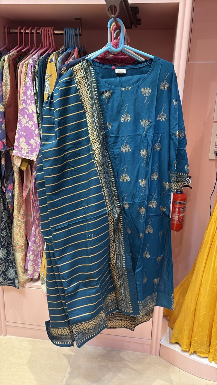 Peacock Teal Gold Foil Jhumka Print Kurta with Striped Gold Border Dupatta | Festive Ethnic 2-Piece Set, Colour: Blue, Fabric: Other, Size: S